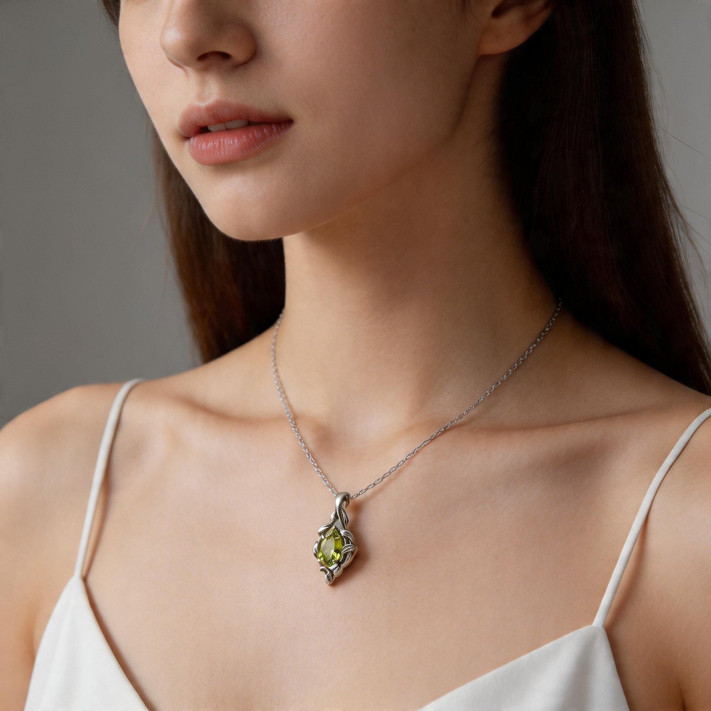 Peridot Teardrop Necklace | 925 Sterling Silver Gold Plated Pendant | Elven Nature Vine Jewelry | Unique Gift for Her