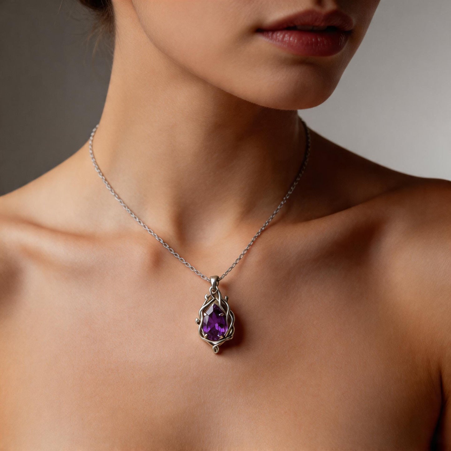 Amethyst Teardrop Necklace | 925 Sterling Silver Vine Pendant | Witchy Boho Nature Jewelry | Spiritual Gift for Her