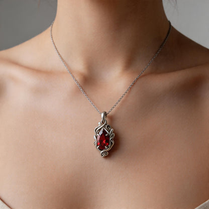 Ruby Teardrop Necklace | 925 Sterling Silver Pendant | Gothic Romantic Vintage Fantasy Jewelry | Anniversary Gift for Her