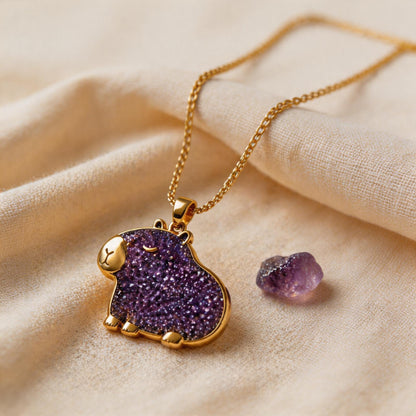 Capybara Druzy Amethyst Necklace | 925 Sterling Silver | Nature Animal Minimalist | Gift for Animal Lover
