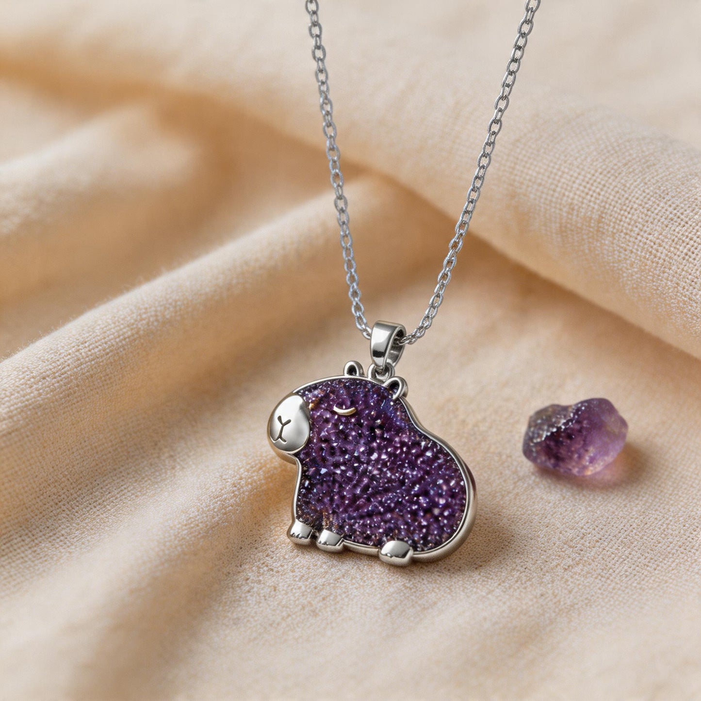 Capybara Druzy Amethyst Necklace | 925 Sterling Silver | Nature Animal Minimalist | Gift for Animal Lover