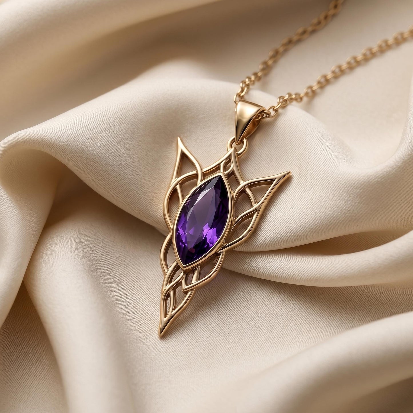 Elven Birthstone Pendant Necklace | Sterling Silver Amethyst | Elven Fantasy & Mystical Design | Meaningful Gift for Her
