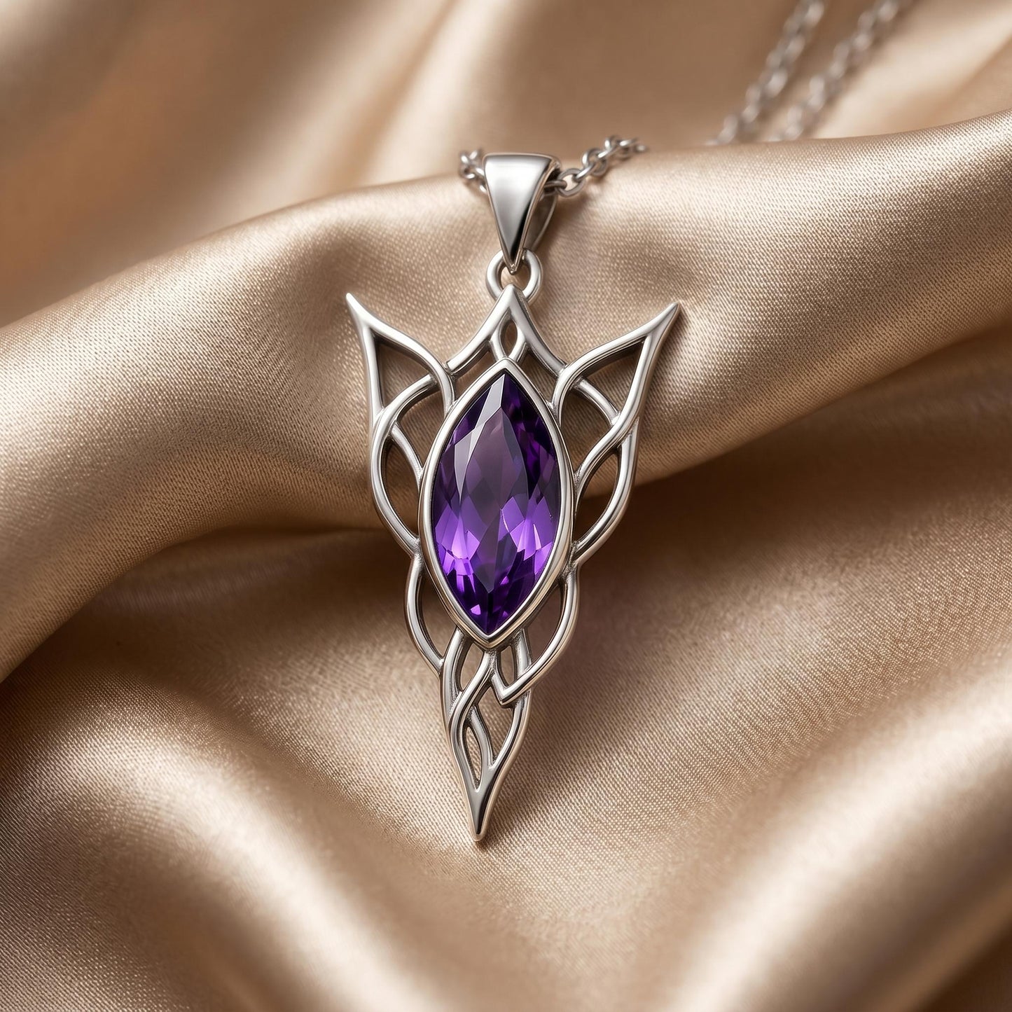 Elven Birthstone Pendant Necklace | Sterling Silver Amethyst | Elven Fantasy & Mystical Design | Meaningful Gift for Her