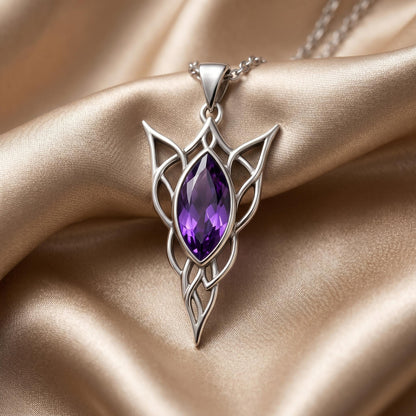 Elven Birthstone Pendant Necklace | Sterling Silver Amethyst | Elven Fantasy & Mystical Design | Meaningful Gift for Her