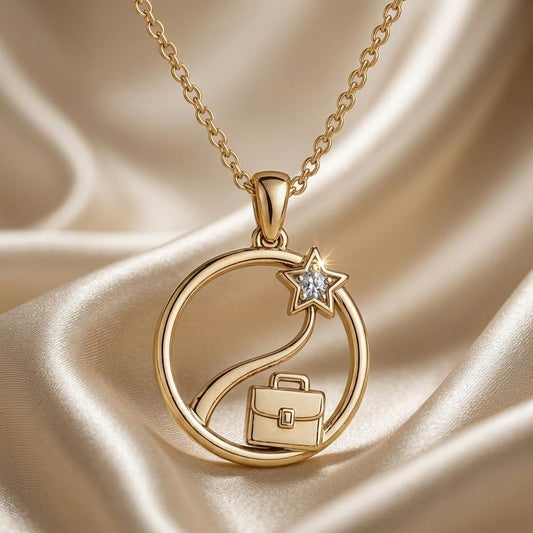 Gold finish Career Success Briefcase and Star Necklace close-up on champagne satin