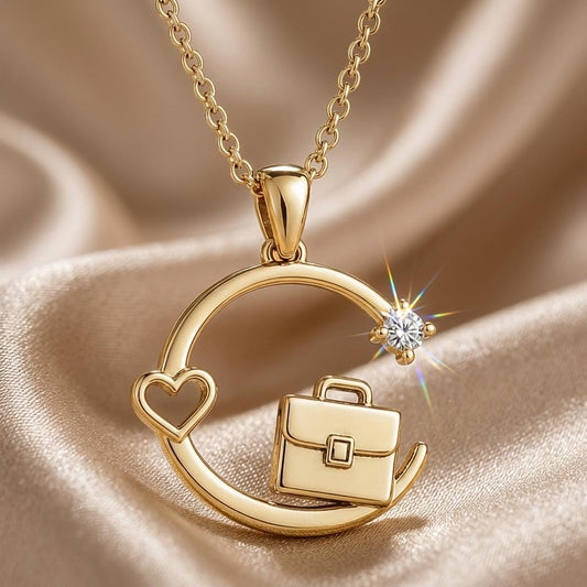 Incorrect Gold Plated Silver circular briefcase-and-heart pendant necklace on champagne fabric