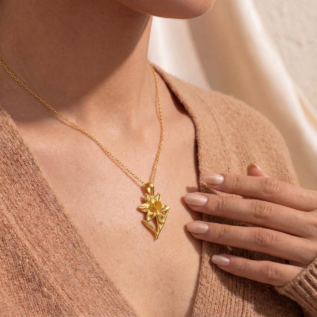 Daffodil Narcissus Flower Necklace | 925 Sterling Silver for Women | Botanical Spring Floral Jewelry | March Birth Flower Gift