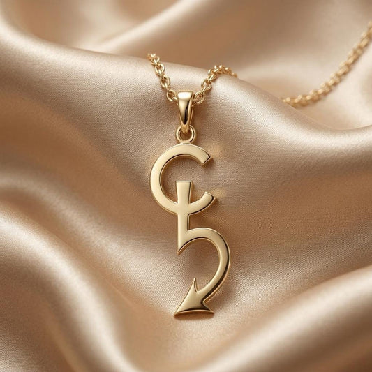 Gold Plated Silver Cerberus asteroid symbol pendant on champagne satin