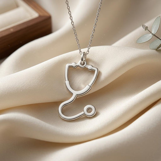 Close-up of a silver shield-outline stethoscope pendant with curved tubing on ivory satin