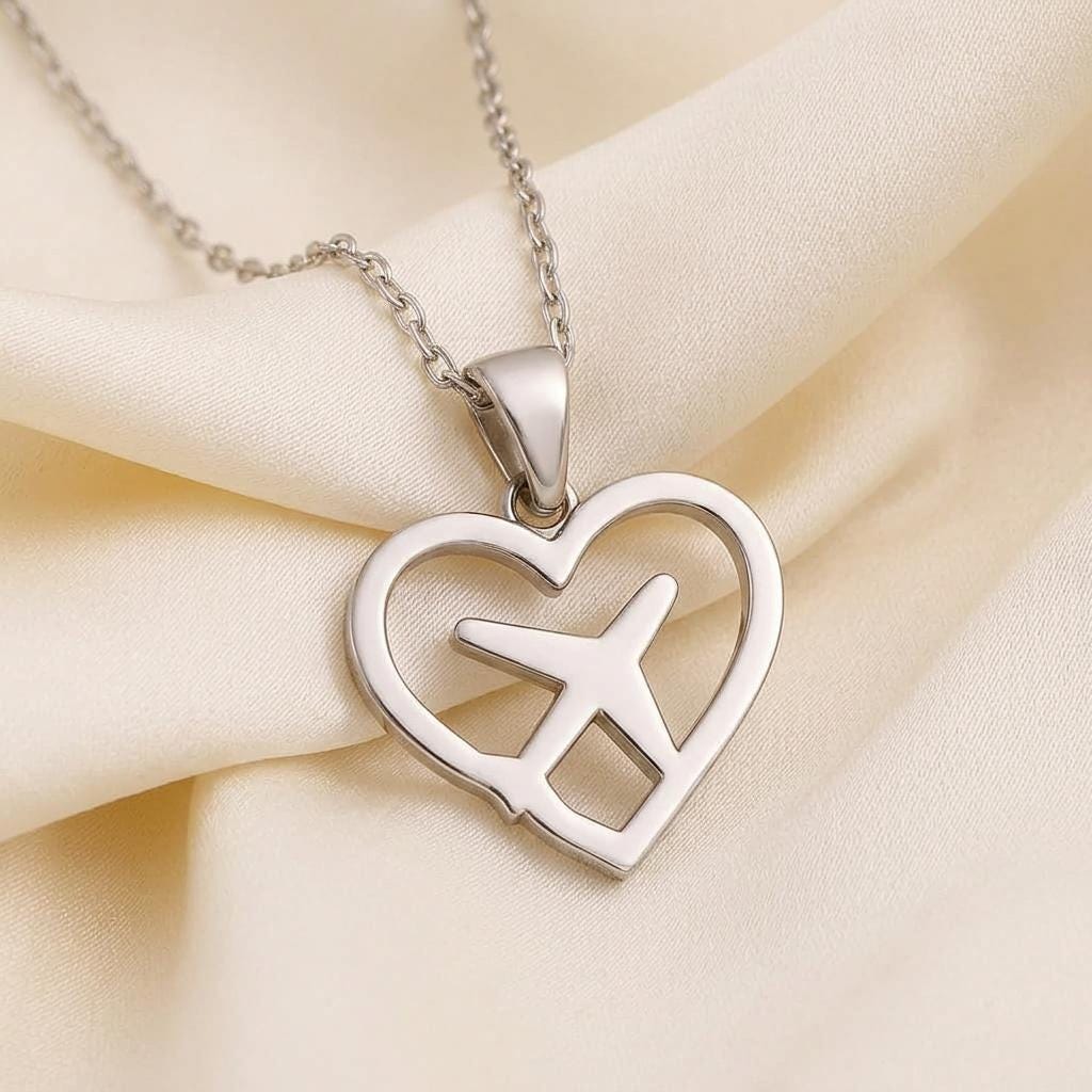 Heart Airplane Necklace, Handmade Sterling Silver Pendant, Minimalist Travel Jewelry