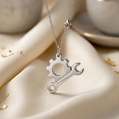 Engineer Gear and Wrench Necklace | 925 Sterling Silver Jewelry | Mechanics & Innovation Symbol Pendant | Meaningful Gift for Engineers