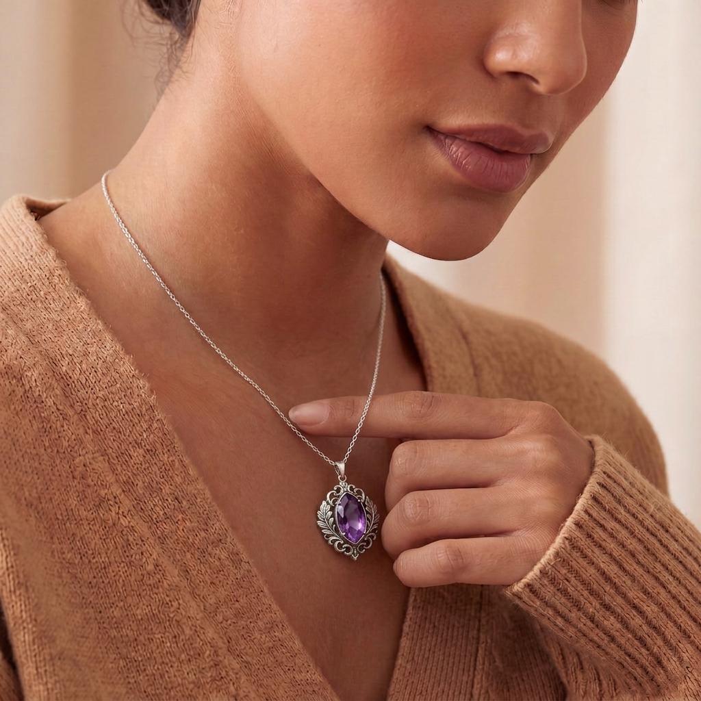 Personalized Birthstone Amethyst Necklace | 925 Sterling Silver | Vintage Floral Design | Meaningful Birthday Gift