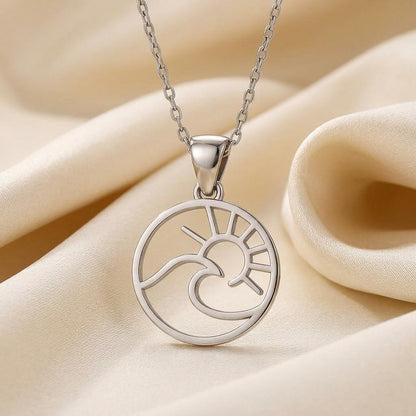 Wave and Sun Necklace, Handmade Sterling Silver Pendant, Minimalist Ocean Inspired Jewelry