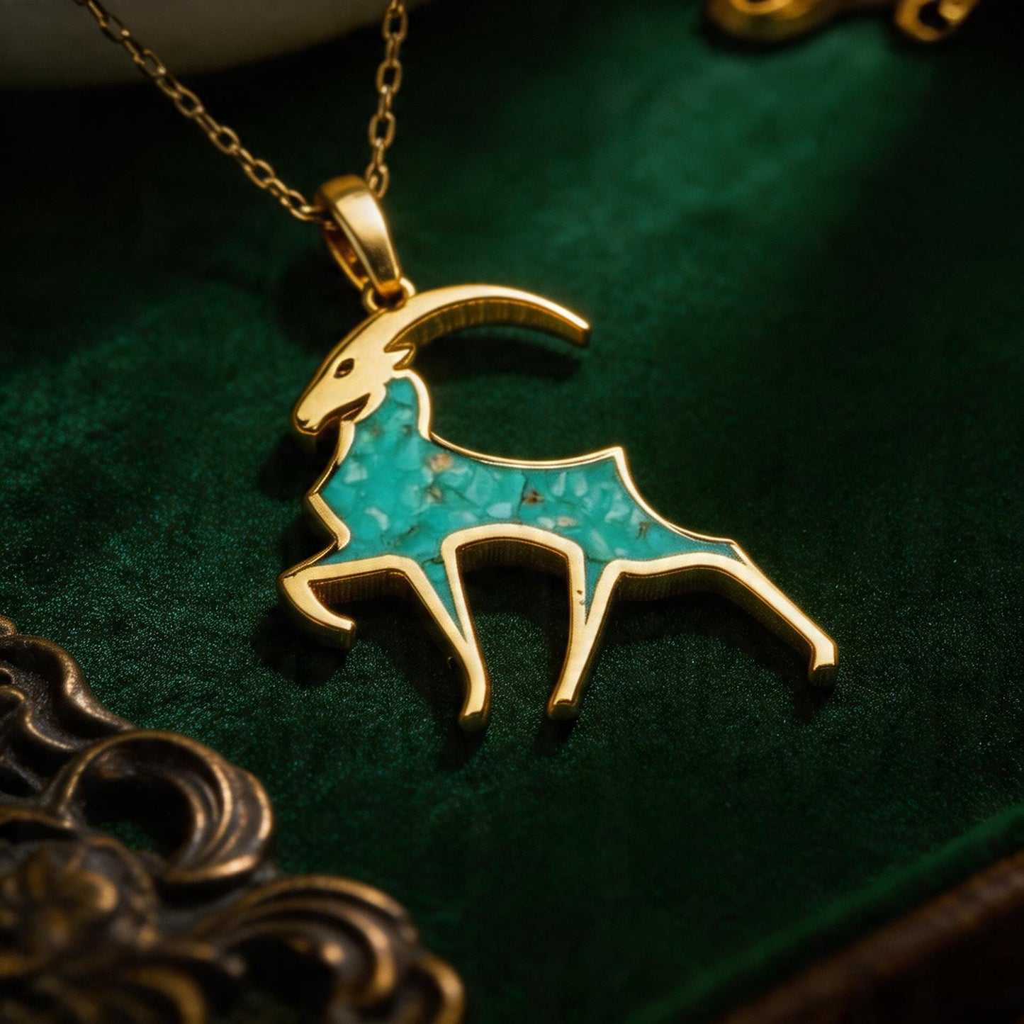 Turquoise Capricorn Goat Necklace: 14K Gold Plated Sterling Silver Birthstone Jewelry