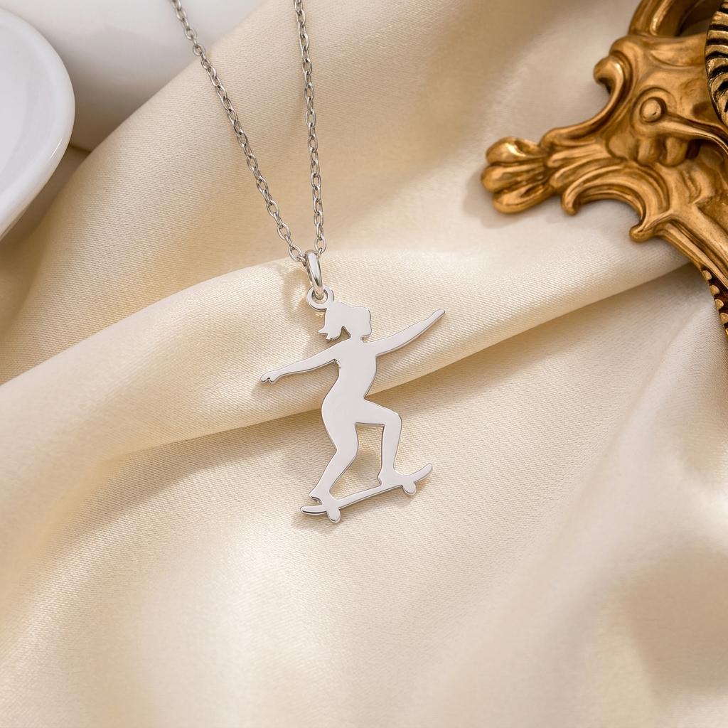 Skateboard Girl Necklace | 925 Sterling Silver Jewelry | Sporty Street Style Pendant | Unique Gift for Skater Girls