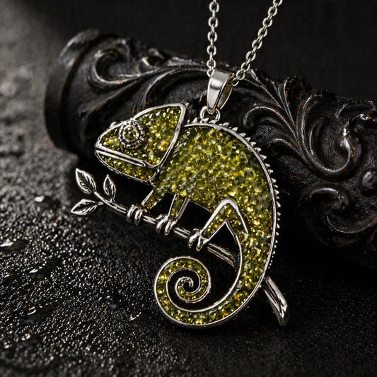 Close-up of handmade Peridot Chameleon Necklace | 925 Sterling Silver Animal Jewelry | Minimal Color Changing Design | Gift for Creative Souls