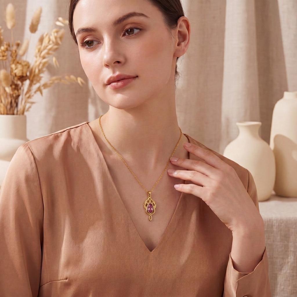 Elven Leaf Necklace | 14K Gold Plated Silver Jewelry | Pink Gem Fantasy Design | Enchanting Gift for Her
