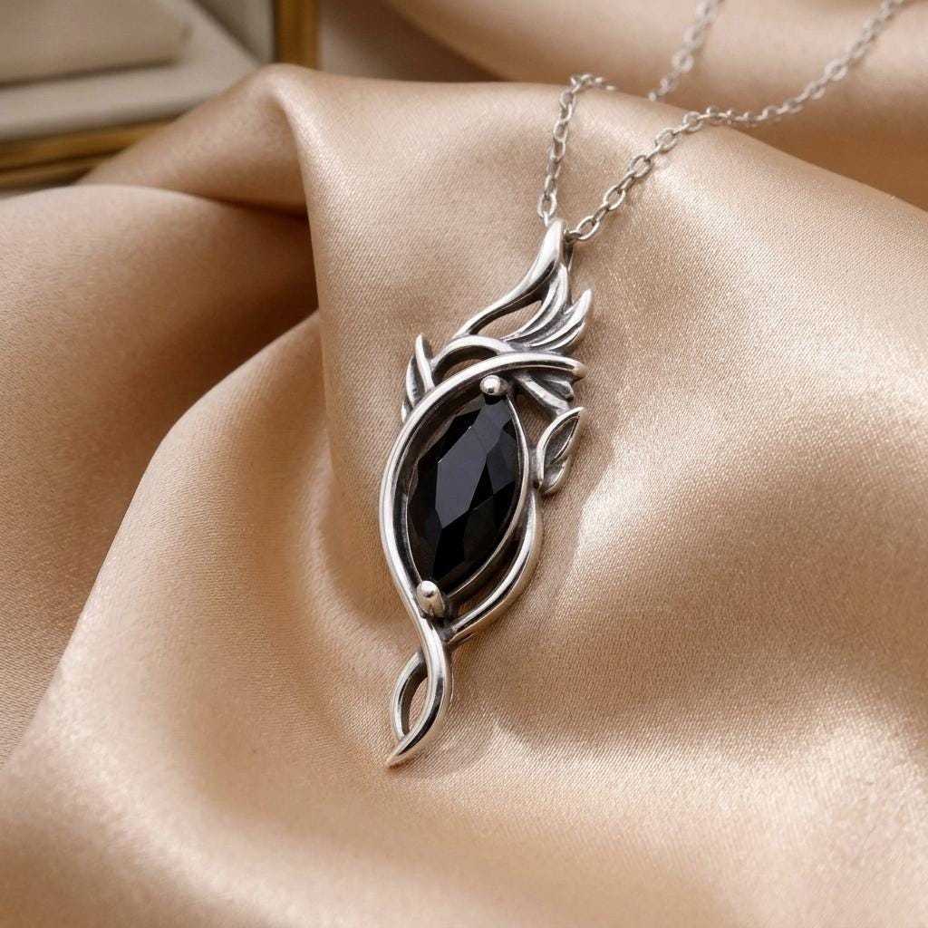 Elven Flame Necklace | 925 Sterling Silver Jewelry | Onyx Gemstone Fantasy Design | Mystical Gift for Her