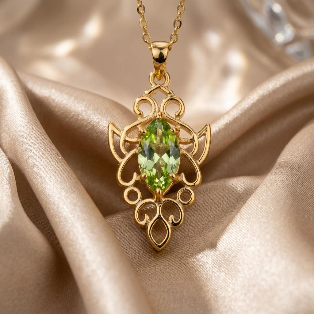 Elven Peridot Necklace | 14K Gold Plated Silver Jewelry | Green Gem Fantasy Design | August Birthstone Gift for Her