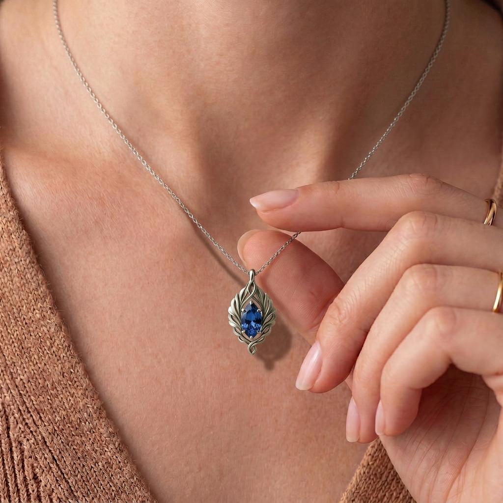 Sapphire Leaf Necklace | 925 Sterling Silver Elegant Pendant | Minimal Nature Inspired Jewelry | Birthday Gift for Her