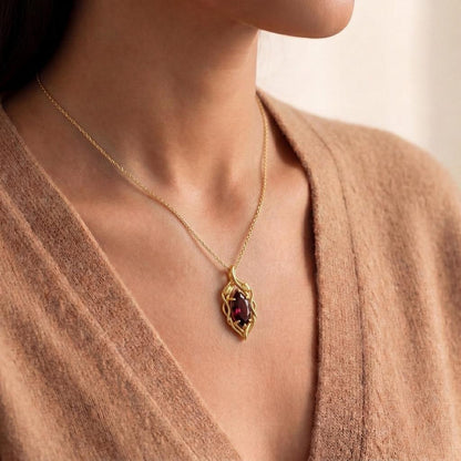 Garnet Leaf Necklace | 925 Sterling Silver Gold Plated Pendant | Nature Inspired Elegant Jewelry | Romantic Gift for Her