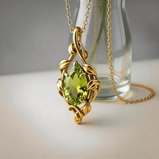 Peridot Teardrop Necklace | 925 Sterling Silver Gold Plated Pendant | Elven Nature Vine Jewelry | Unique Gift for Her