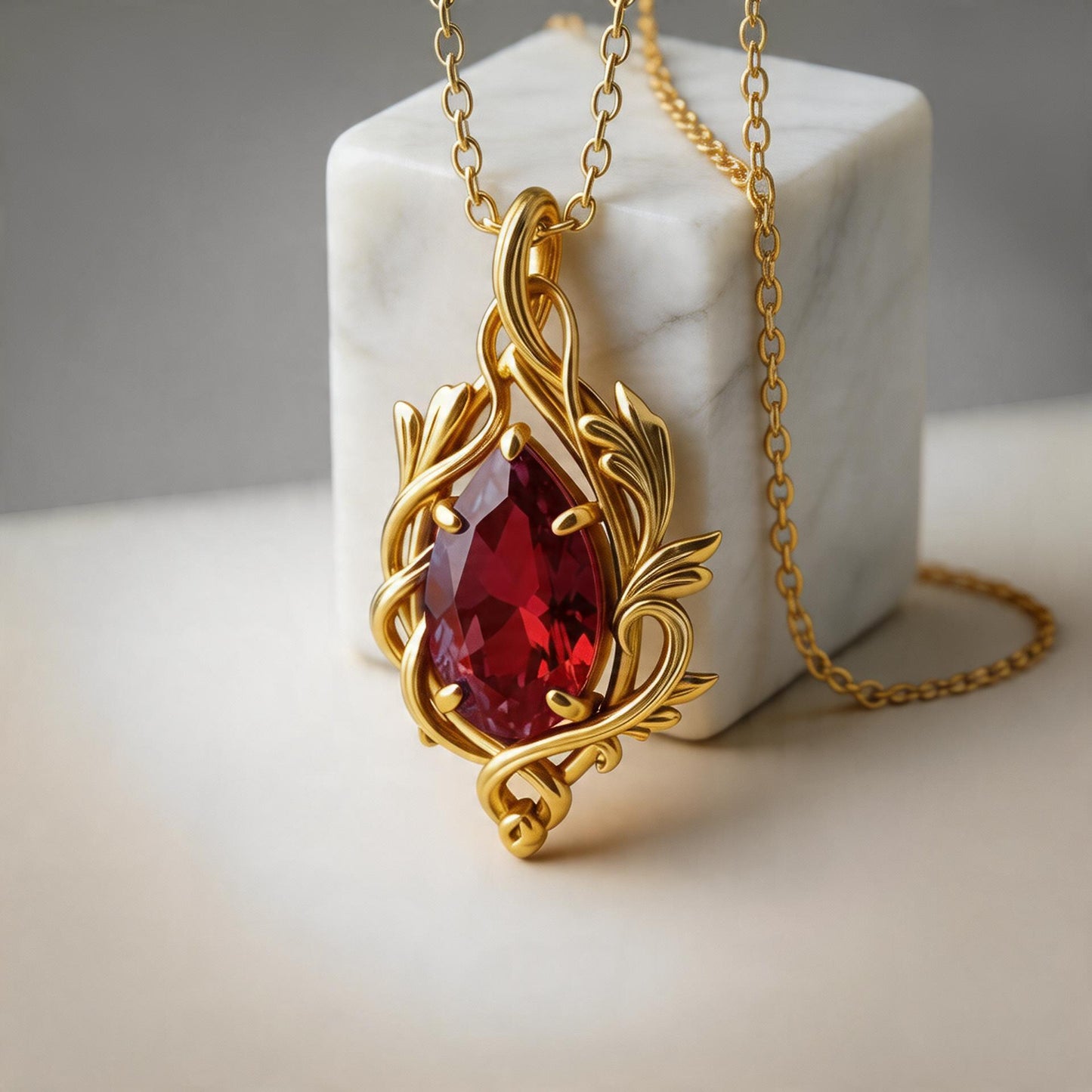 Ruby Teardrop Necklace | 925 Sterling Silver Vine Pendant | Romantic Nature Fantasy Jewelry | Anniversary Gift for Her
