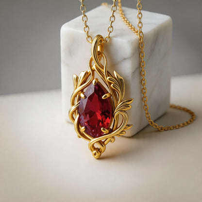Ruby Teardrop Necklace | 925 Sterling Silver Vine Pendant | Romantic Nature Fantasy Jewelry | Anniversary Gift for Her