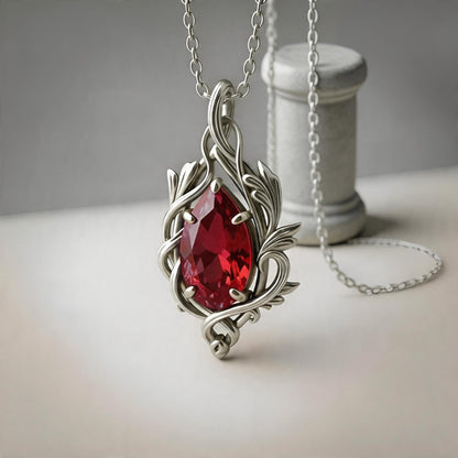 Ruby Teardrop Necklace | 925 Sterling Silver Vine Pendant | Romantic Nature Fantasy Jewelry | Anniversary Gift for Her