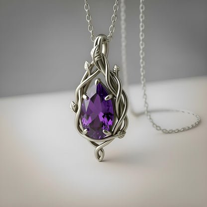 Amethyst Teardrop Necklace | 925 Sterling Silver Vine Pendant | Witchy Boho Nature Jewelry | Spiritual Gift for Her