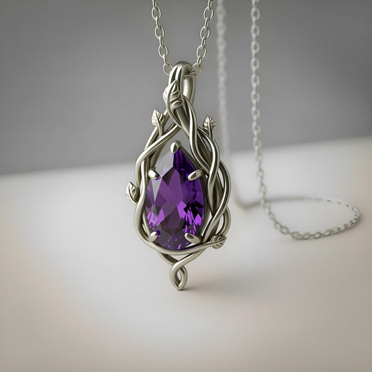 Amethyst Teardrop Necklace | 925 Sterling Silver Vine Pendant | Witchy Boho Nature Jewelry | Spiritual Gift for Her