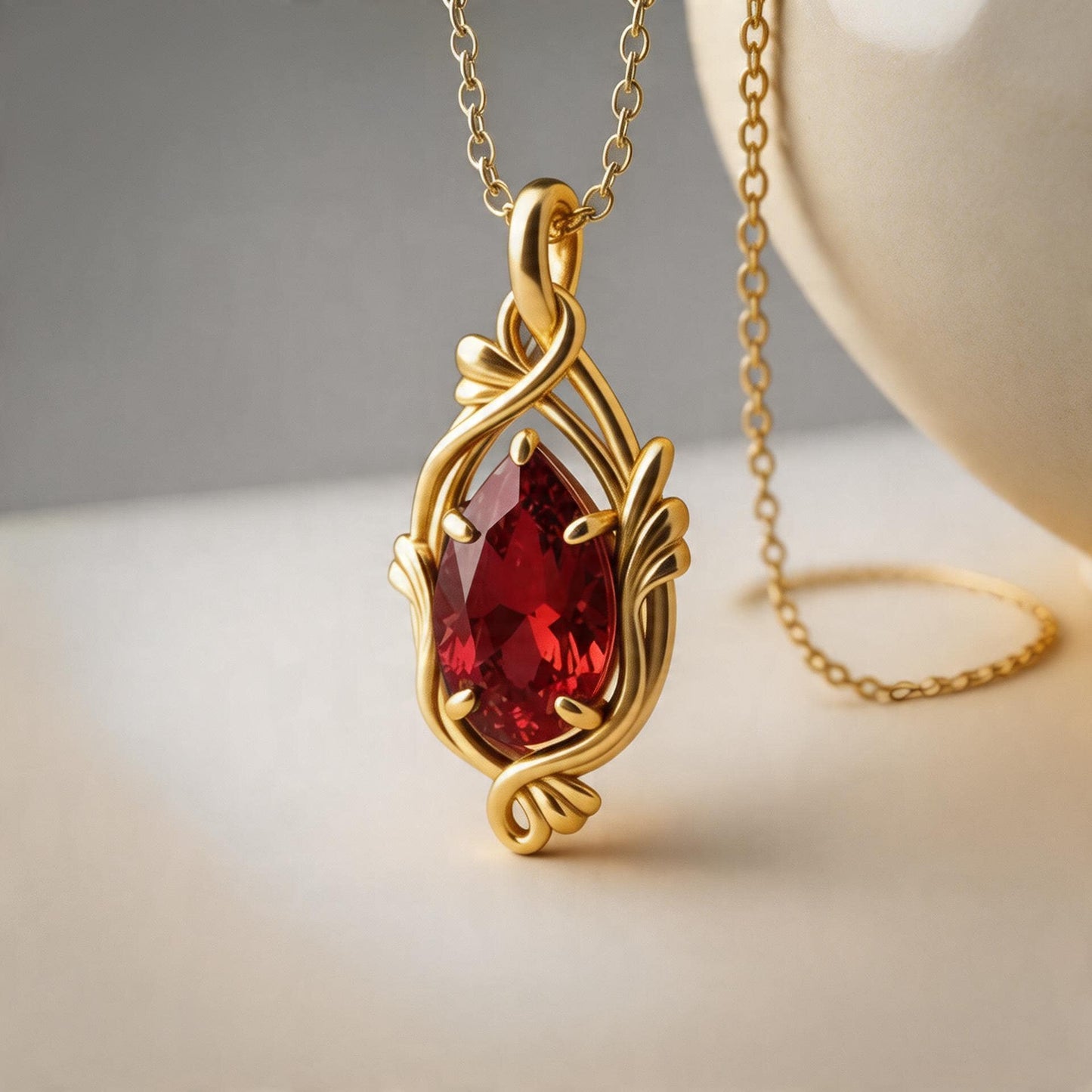 Ruby Teardrop Necklace | Gold Plated Sterling Silver Pendant | Minimal Romantic Nature Jewelry | Anniversary Gift for Her