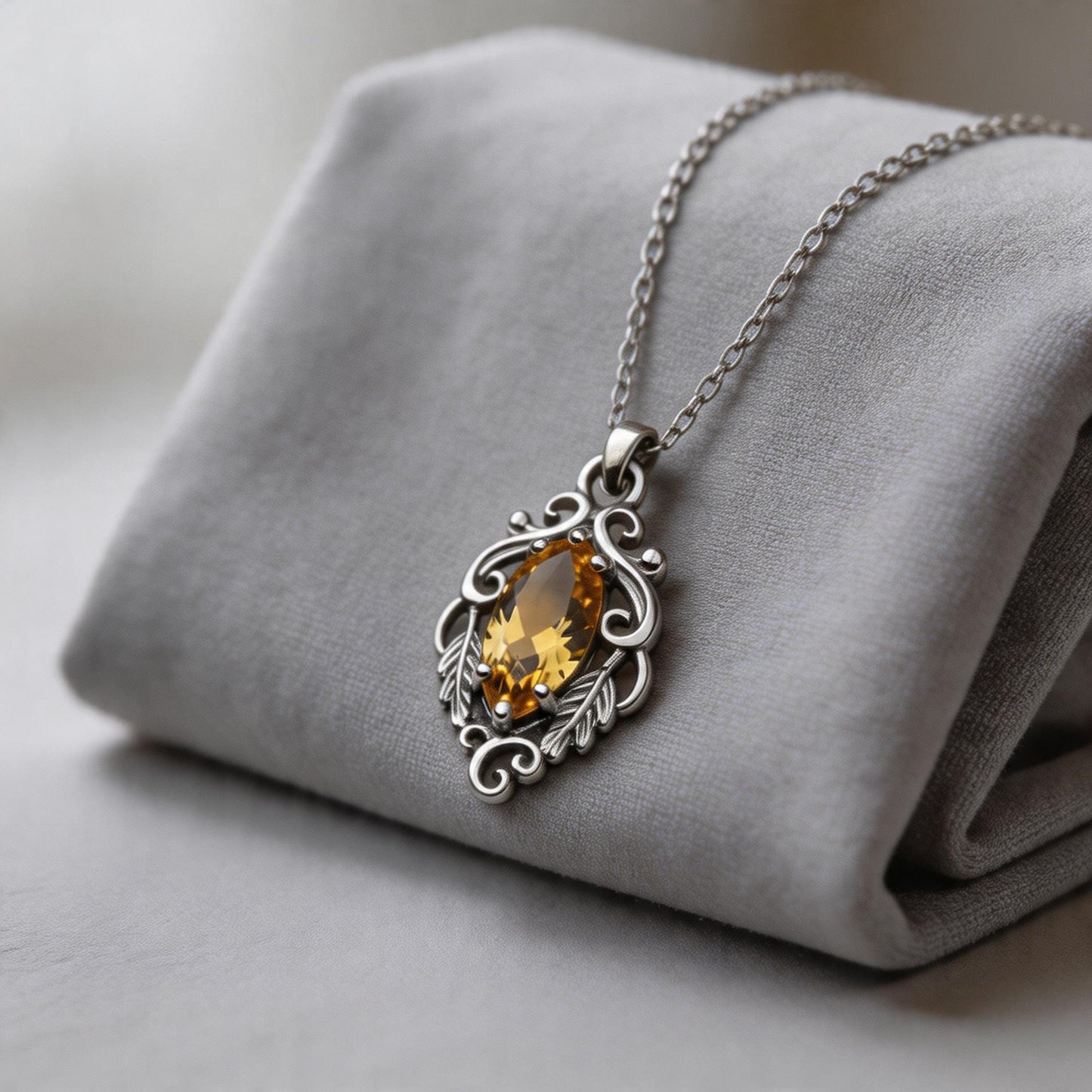 Marquise Yellow Topaz Necklace | 925 Sterling Silver Pendant | Baroque Vintage Romantic Jewelry | Gift for Her