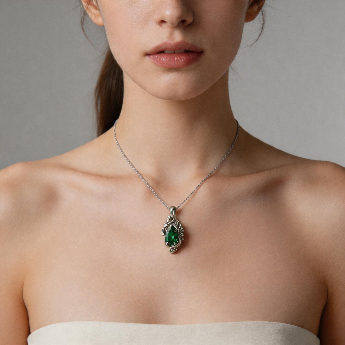 Emerald Teardrop Necklace | 925 Sterling Silver Pendant | Gothic Romantic Nature Jewelry | Anniversary Gift for Her