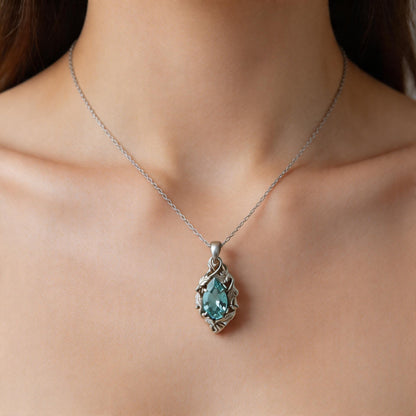 Aquamarine Teardrop Necklace | 925 Sterling Silver Pendant | Nature Romantic Soft Gothic Jewelry | Gift for Her