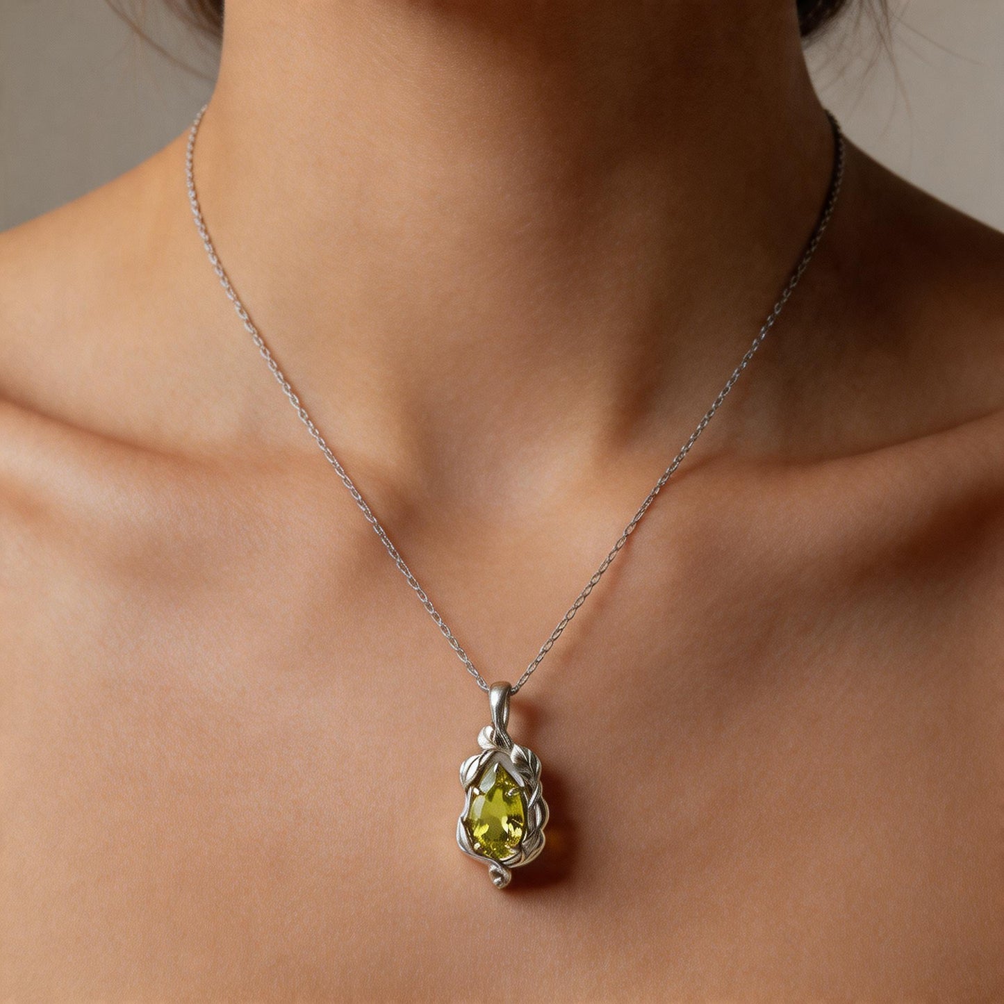 Peridot Teardrop Necklace | 925 Sterling Silver Pendant | Minimal Romantic Nature Jewelry | Gift for Her