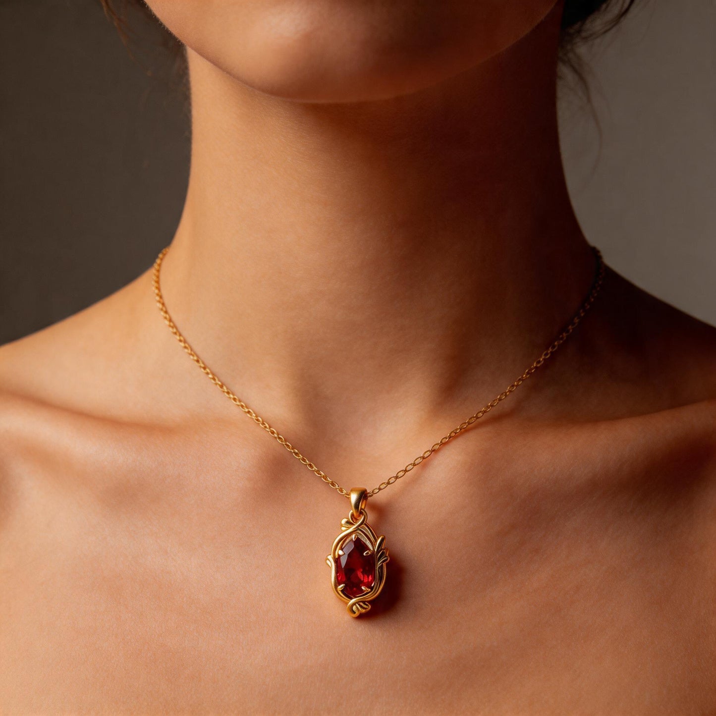 Ruby Teardrop Necklace | Gold Plated Sterling Silver Pendant | Minimal Romantic Nature Jewelry | Anniversary Gift for Her