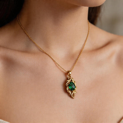 Marquise Emerald Necklace | 925 Sterling Silver Gold Plated Pendant | Classic Romantic Vintage Botanical Jewelry | Elegant Gift for Her