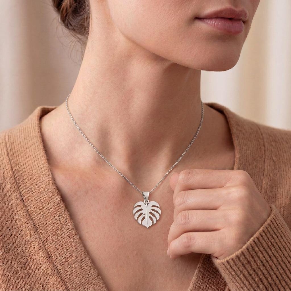 Monstera Leaf Necklace, Handmade Sterling Silver Tropical Pendant