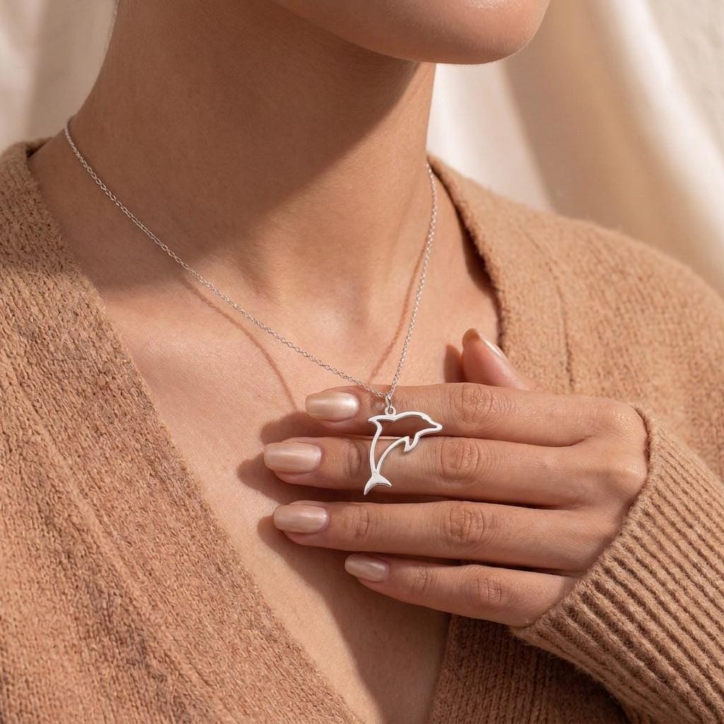 Dolphin Outline Pendant Necklace | 925 Sterling Silver Jewelry | Minimalist Ocean Spirit Design | Meaningful Gift for Her