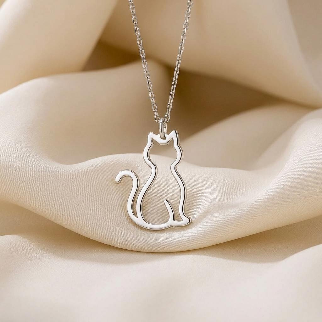 Cat Outline Necklace | 925 Sterling Silver Jewelry | Minimalist Animal Silhouette | Meaningful Gift for Cat Lovers