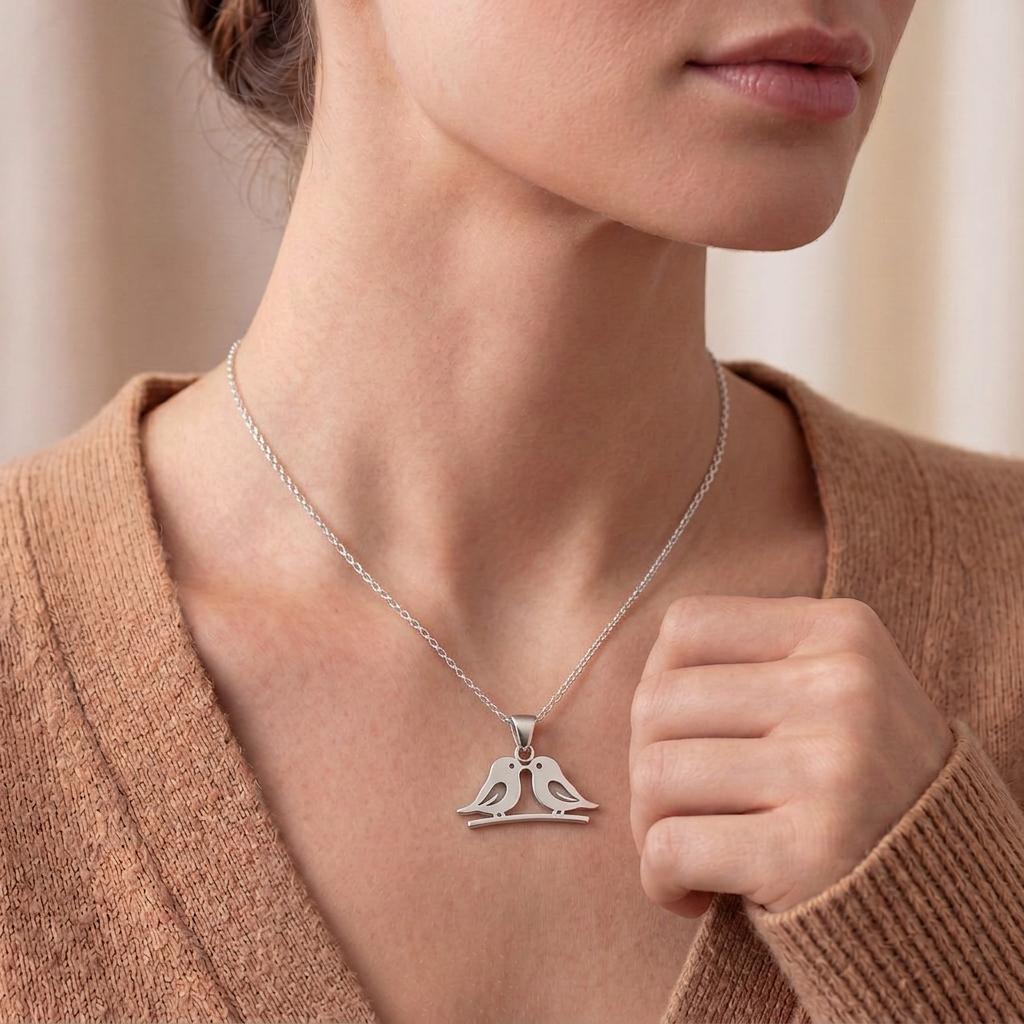 Two Birds Necklace, Handmade Sterling Silver Love Birds Pendant