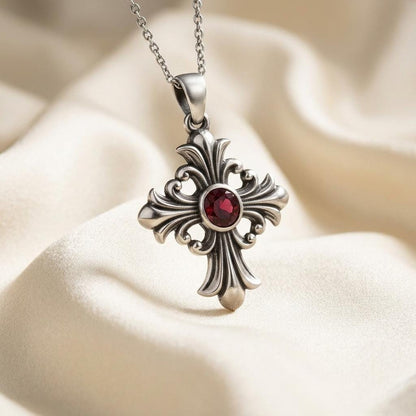 Birthstone Cross Necklace | 925 Sterling Silver | Gothic Baroque Faith Jewelry | Meaningful Spiritual Gift
