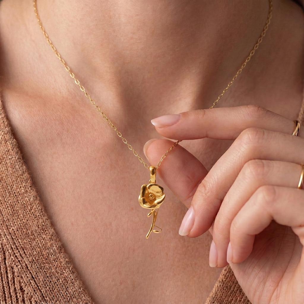 Poppy Flower Necklace | 925 Sterling Silver Women | Botanical Birth Flower Style | August Birthday Gift