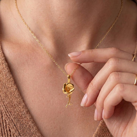 Poppy Flower Necklace | 925 Sterling Silver Women | Botanical Birth Flower Style | August Birthday Gift