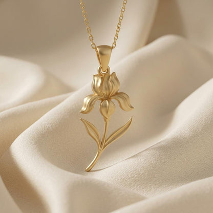 Iris Flower Pendant Necklace | 18K Gold Plated 925 Silver Jewelry | Botanical Birth Flower Design | February Birth Flower Gift