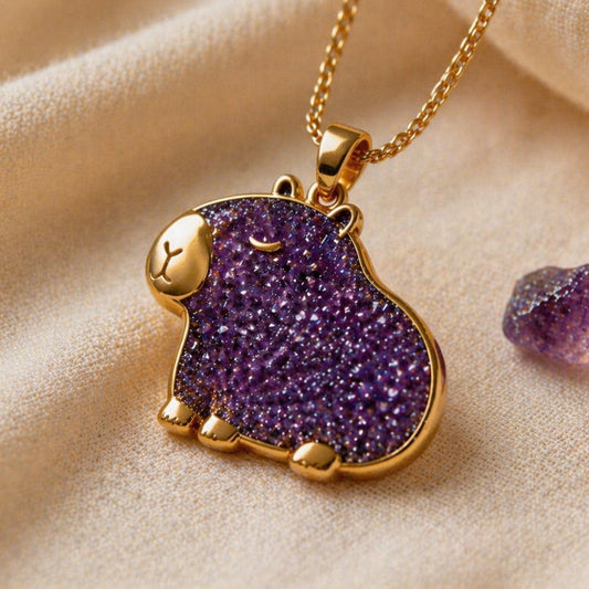 Capybara Druzy Amethyst Necklace | 925 Sterling Silver | Nature Animal Minimalist | Gift for Animal Lover