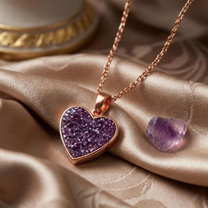 Amethyst druzy Heart Necklace | 925 Sterling Silver Jewelry | Elegant Gemstone Heart Design | Romantic & Special Occasion Gift