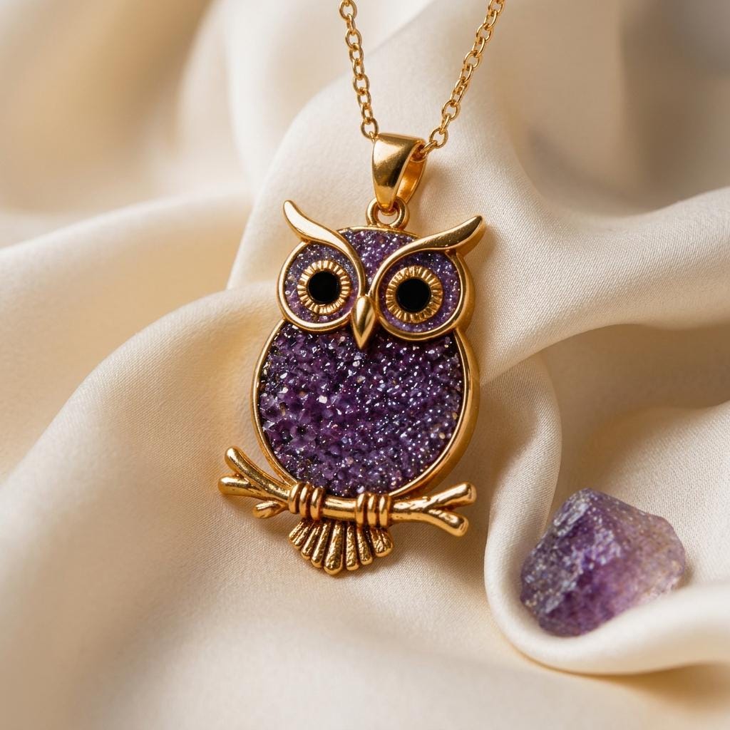 Amethyst Druzy Owl Necklace | 925 Sterling Silver | Nature Inspired Animal Design | Wisdom & Protection Gift