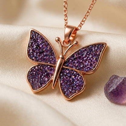 Amethyst Druzy Butterfly Necklace | Gold Plated 925 Silver | Nature Inspired Whimsy | Symbolic Gift for Her